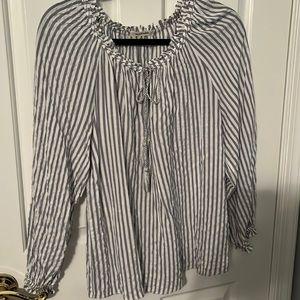 Max Studio chambray and white striped blouse.
